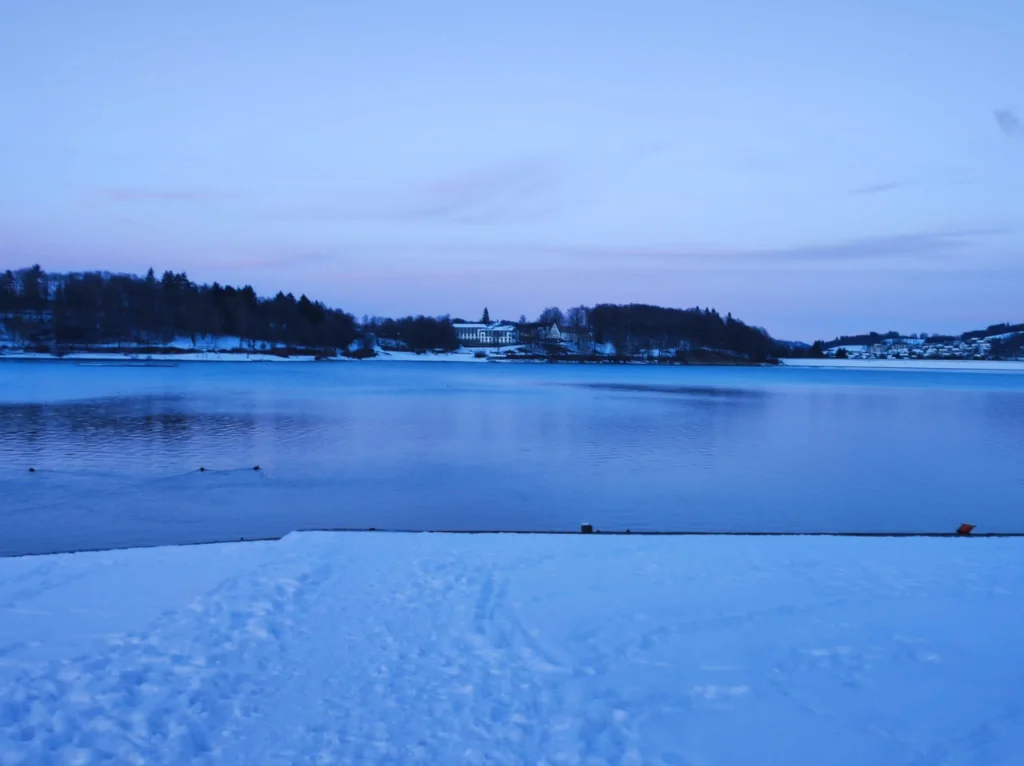 Winterlicher See bei Dämmerung: Schneebedecktes Ufer, ruhiges Wasser, Bäume und Gebäude im Hintergrund.